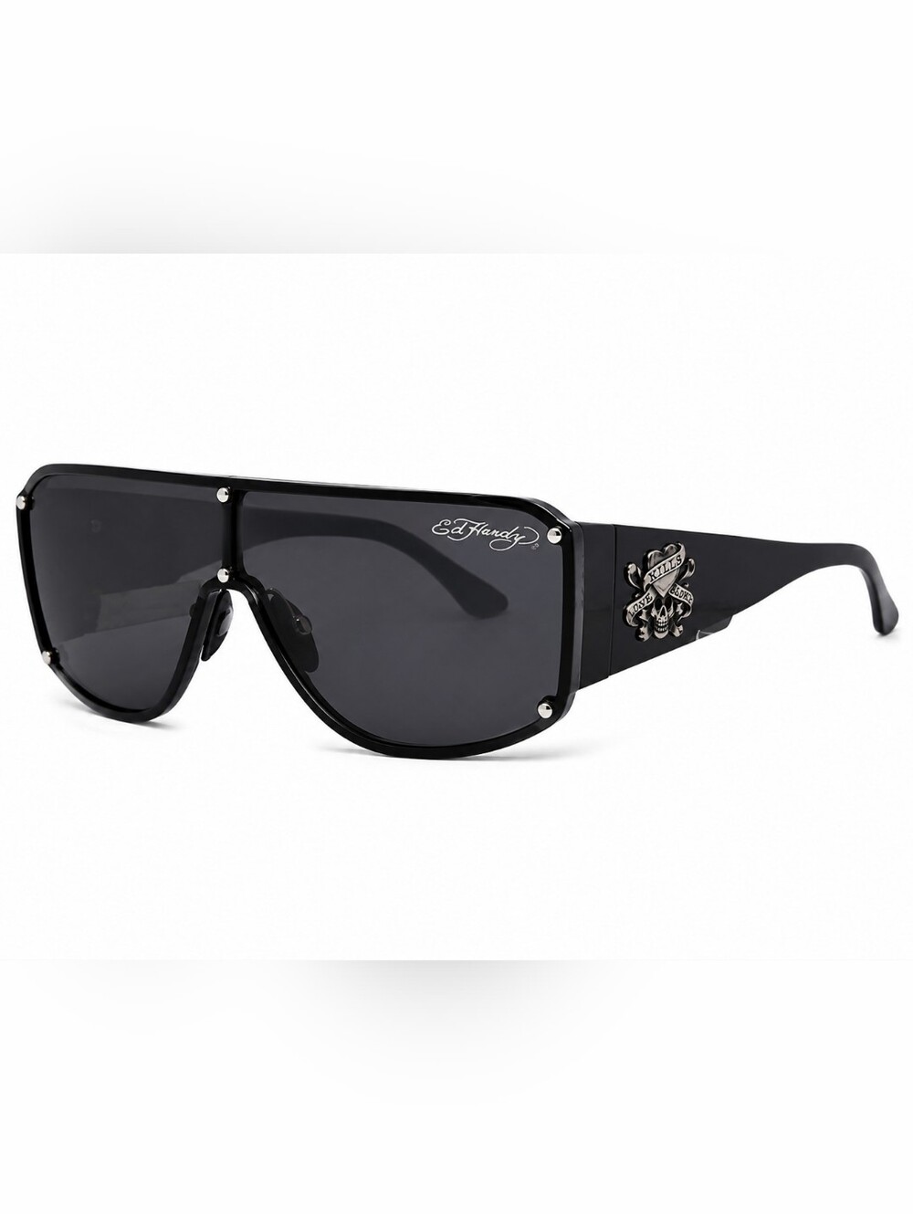 🆕️Ed Hardy Shield Sunglasses Black Oversized Love Kills Slowly New